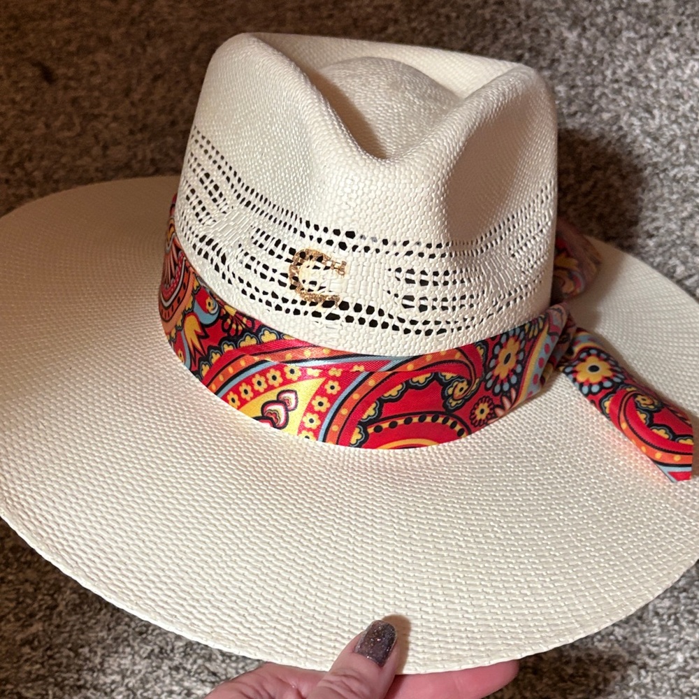 White Straw Fedora Hat with Red Paisley Scarf Band
